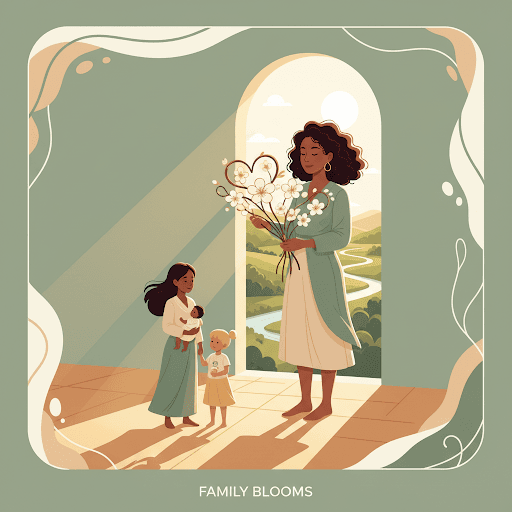 Illustration of a woman holding flowers beside a family